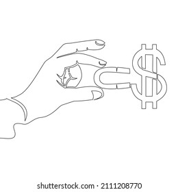 Continuous one single line drawing Hand Holding Magnet Attracting Money dollar icon vector illustration concept