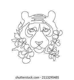 Continuous one single line drawing of wild tiger head with tropical leaves and flowers. Trendy vector business logo identity. Strong Bengal big cat animal mascot concept for national conservation park