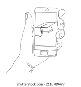 Continuous One Single Line Drawing Graduation Cap On Smartphone Screen Online Learning Icon Vector Illustration Concept