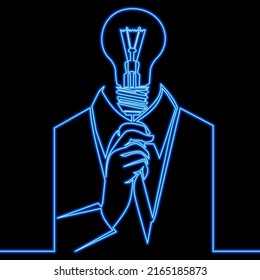 Continuous one single line drawing businessman light bulb head Good Idea icon neon glow vector illustration concept