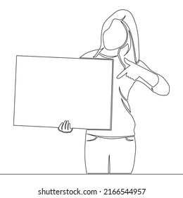 Continuous one single line drawing Woman holding the blank paper advertising sign icon vector illustration concept