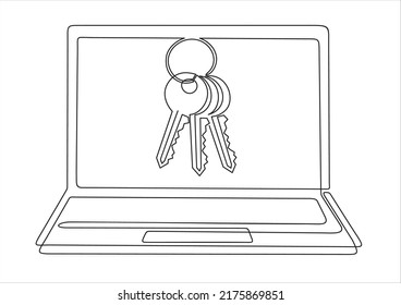 continuous one single line drawing of laptop and keys on screen as business concept of cyber security