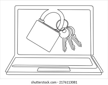 continuous one single line drawing of laptop and padlock with keys on screen as business concept of cyber security