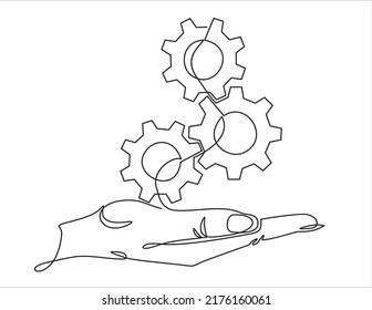 continuous one single line drawing of hand holding gears, tech development, engineering, technology