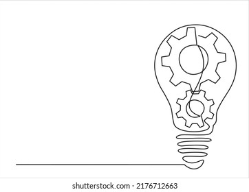 Continuous one single line drawing innovation Light bulb and gears inside icon vector illustration concept