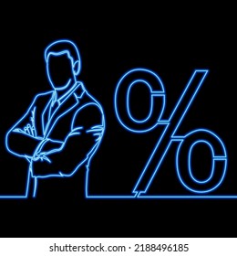 Continuous One Single Line Drawing Exponential Profit Growth Happy Businessman And Percentage Sign Icon Neon Glow Vector Illustration Concept