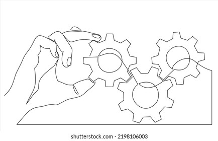 continuous one single line drawing of hand holding gears, tech development, engineering, technology