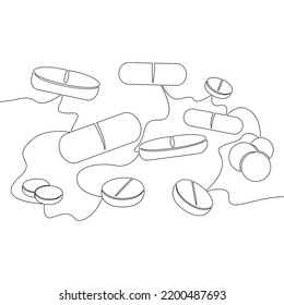 Continuous one single line drawing set of pills and capsules Medical pills icon vector illustration concept