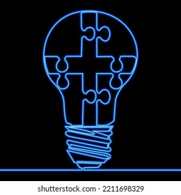 Kontinuierlich eine Zeile Zeichnung Puzzle-Glühbirnen-Team-Idee Symbol neonglänzend Vektorgrafik-Konzept