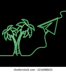 Continuous one single line drawing paper plane flying to the island with palm icon neon glow vector illustration concept
