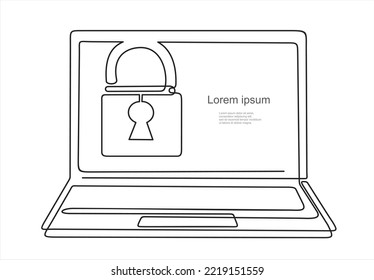 continuous one single line drawing of laptop with folder and padlock on screen. Protected folder. Personal information, data, lock, password, pin code, file. Privacy concept. 