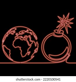 Continuous One Single Line Drawing World Crisis World War Icon Neon Glow Vector Illustration Concept