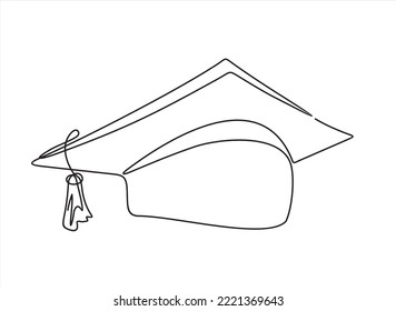 Continuous one single line drawing of Graduation Hat. Continuous line style. 