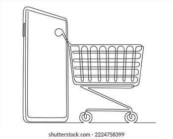 Continuous one single line drawing of smartphone with shopping cart. Mobile online shopping icon vector illustration concept