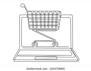 Continuous one single line drawing of laptop with shopping cart. Mobile online shopping icon vector illustration concept