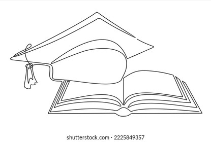 Continuous one single line drawing of Graduation Hat and open book 