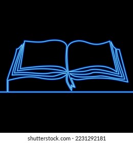 Continuous one single line drawing open book Online learning icon neon glow vector illustration concept