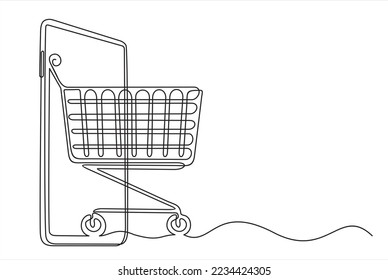 Continuous one single line drawing of smartphone with shopping cart. Mobile online shopping icon vector illustration concept