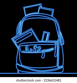 Continuous one single line drawing School backpack icon neon glow vector illustration concept