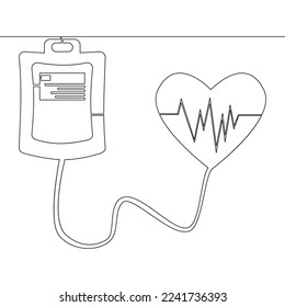 Una línea continua dibujando una bolsa de donación de sangre con tubo en forma de icono cardíaco concepto de ilustración vectorial