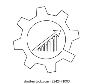 Continuous one single line drawing Productivity bar chart inside gear. Vector illustration concept. Marketing productivity progress, Profit market trend management.