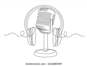 Continuous one single line drawing Retro microphone and headphone speaker device gadget. Continuous line draw design graphic vector illustration.