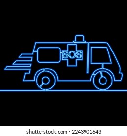 Continuous one single line drawing Ambulance emergency car Hospital transportation vehicle icon neon glow vector illustration concept