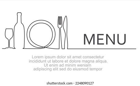 Continuous one single line drawing of plate, fork, knife, bottle of wine and glass. Menu food design. Vector illustration.