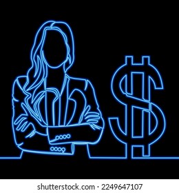 Continuous one single line drawing Earning, saving and investing money. Businesswoman is standing near a big dollar blue icon neon glow vector illustration concept