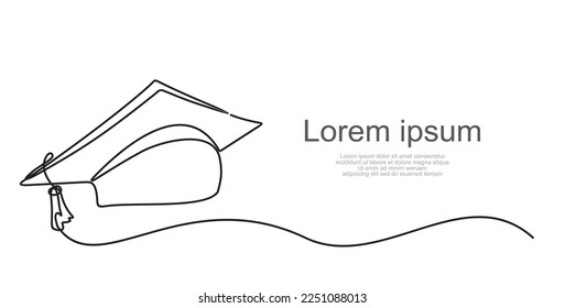 Continuous one single line drawing of Graduation Hat. Continuous line style. 