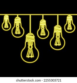 Continuous one single line drawing Set of hanging light bulbs idea icon neon glow vector illustration concept