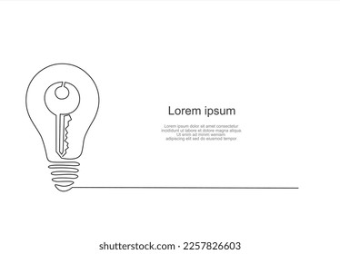 Continuous one single line drawing innovation Light bulb and key inside icon vector illustration concept. Concept of the key to the realization of the idea