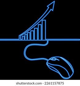 Continuous one single line drawing Online Shop Shopping pc mouse and growth chart digital marketing business icon neon glow vector illustration concept