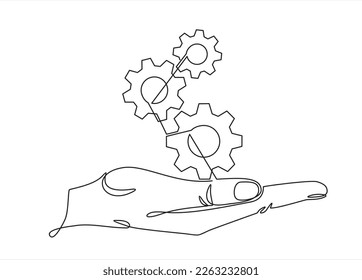 continuous one single line drawing of hand holding gears, tech development, engineering, technology