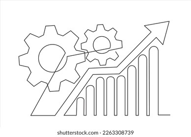 Dibujo continuo de una sola línea Gráfica de barra de productividad con el concepto de ilustración vectorial de icono de engranaje