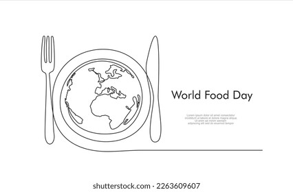 Continuous one single line drawing of Globe, knife and fork. World Food day isolated on white background. Vector Illustration.