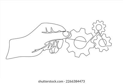 continuous one single line drawing of hand holding gears, tech development, engineering, technology