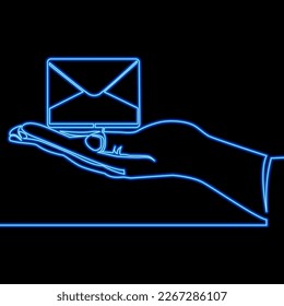 Continuous one single line drawing email notification concept with hand New email icon neon glow vector illustration concept