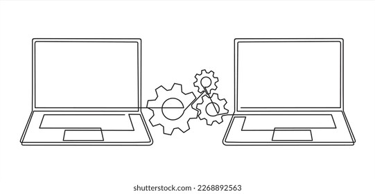 continuous one single line drawing of two laptop and gears, Adjusting app options, maintenance, repair, fixing monitor. 