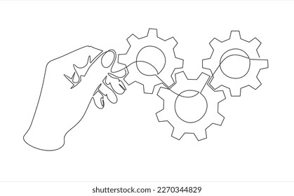 continuous one single line drawing of hand holding gears, tech development, engineering, technology