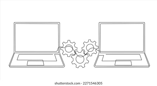 continuous one single line drawing of two laptop and gears, Adjusting app options, maintenance, repair, fixing monitor. 