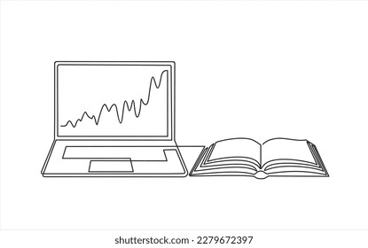 continuous one single line drawing of laptop with graph growth indicators on screen and open book. The concept is the growth of stock finance isolated on white background. Vector illustration