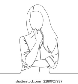 Continuous one single line drawing standing woman thinking icon vector illustration concept