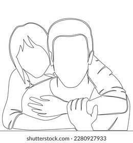 Continuous one single line drawing hugging couple man and woman in romantic moment icon vector illustration concept