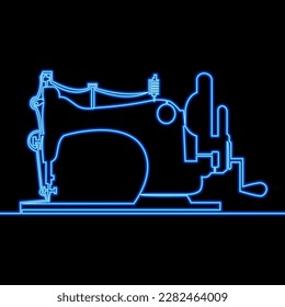 Continuous one single line drawing Sewing machine atelier tailor icon neon glow vector illustration concept