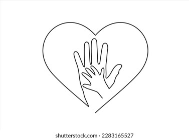 Continuous one single line drawing of heart with with two hands inside. Continuous line style. Universal Children's Day Background Illustration