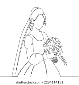 Continuous one single line drawing Beautiful bride holding a bouquet icon vector illustration concept