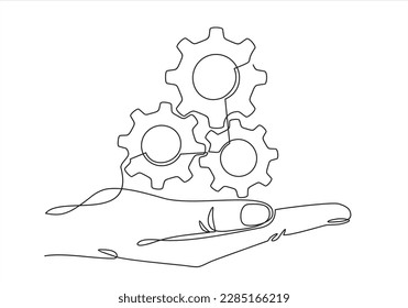 continuous one single line drawing of hand holding gears, tech development, engineering, technology