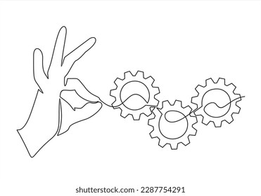 continuous one single line drawing of hand holding gears, tech development, engineering, technology	
