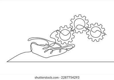 continuous one single line drawing of hand holding gears, tech development, engineering, technology	
